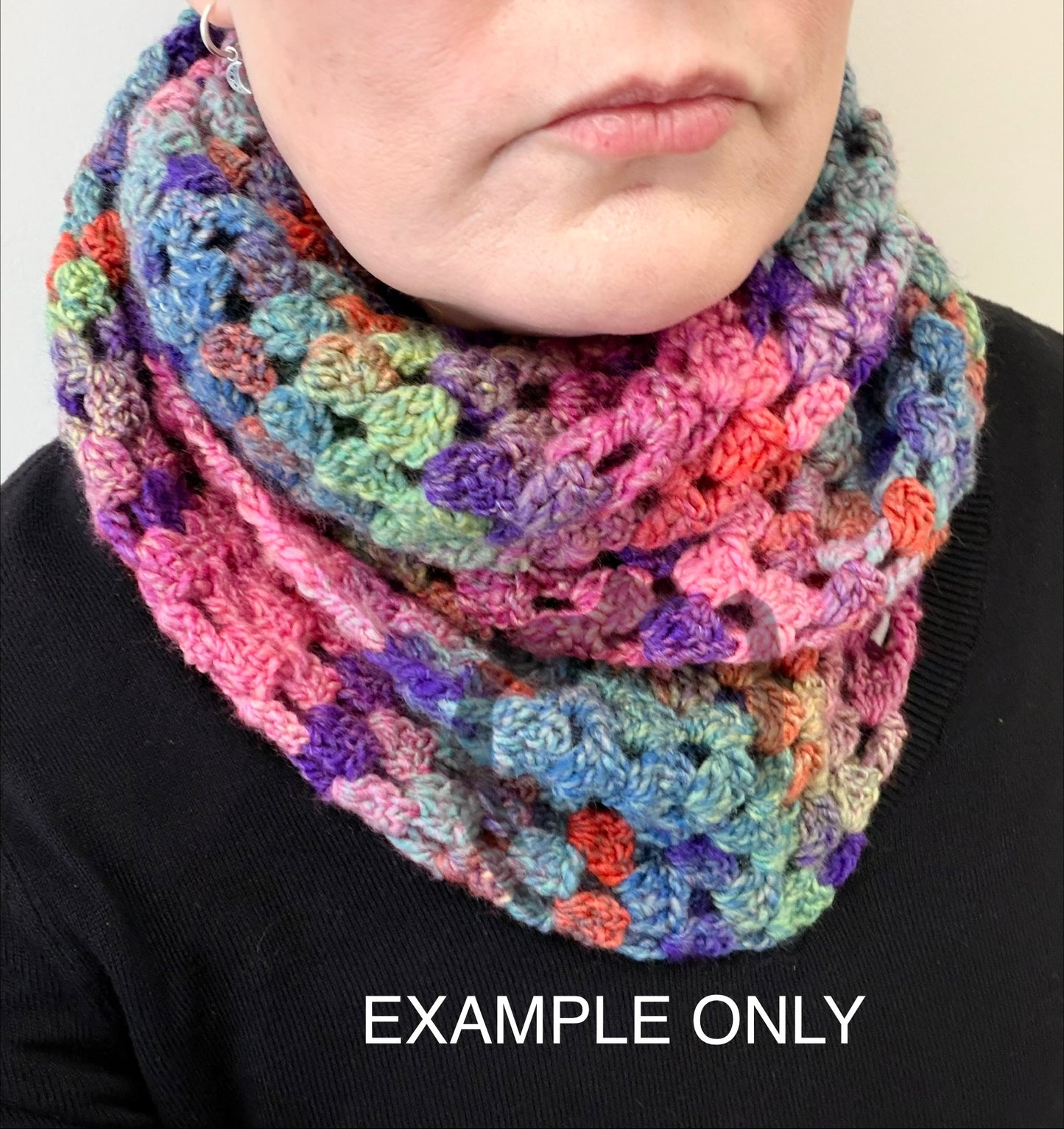 Crochet infinity scarf in purples in blues