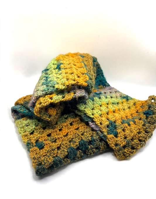 Crochet infinity scarf in greens and yellows