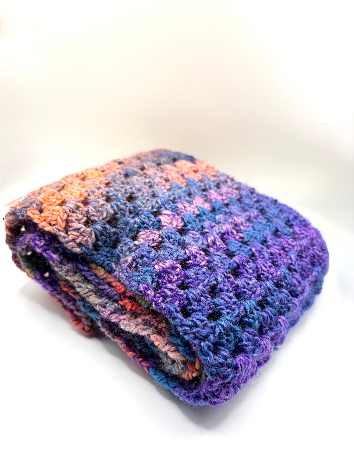 Crochet infinity scarf in purples in blues