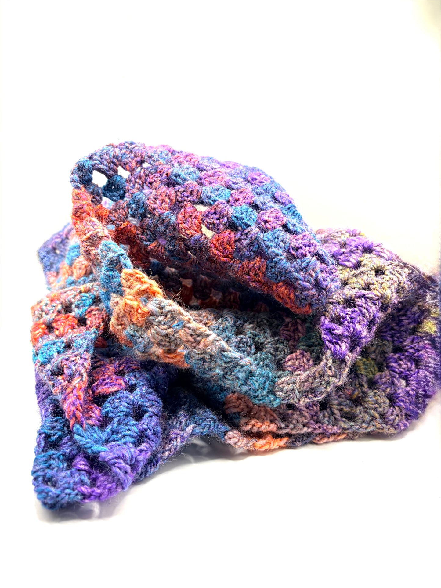 Crochet infinity scarf in purples in blues