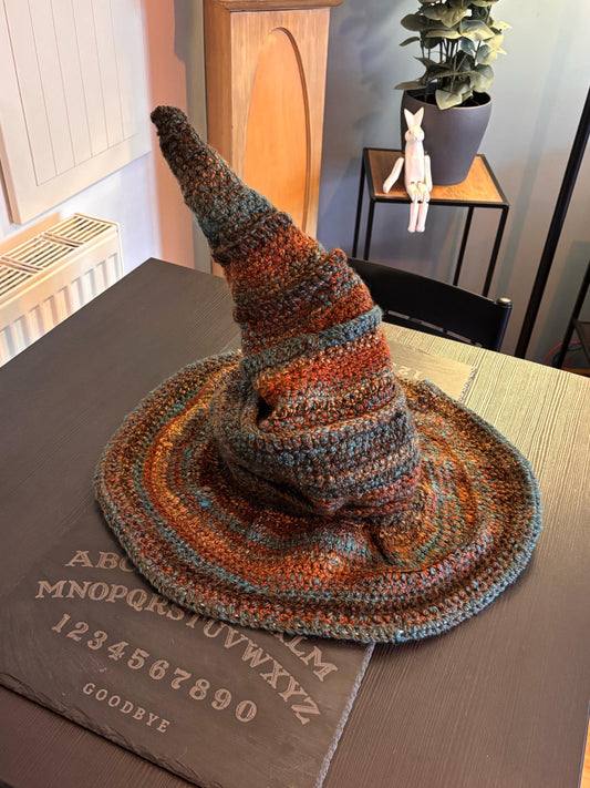 crocheted witches hat - earthy colours