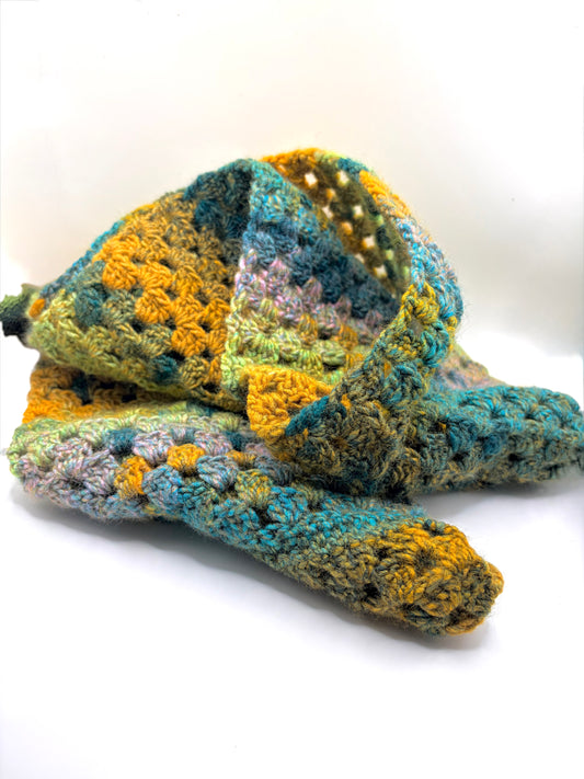 Crochet infinity scarf in greens and yellows