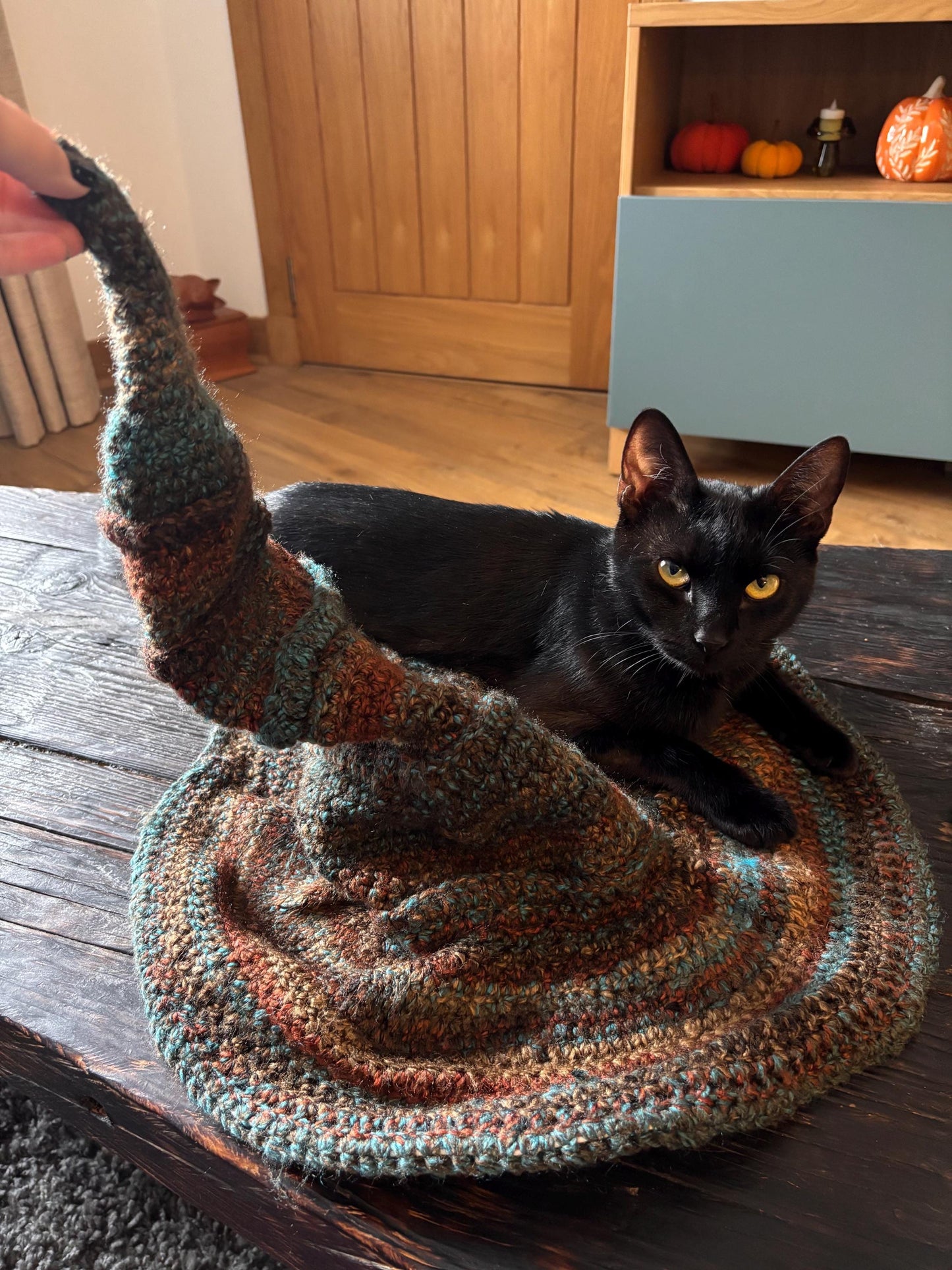 crocheted witches hat - earthy colours